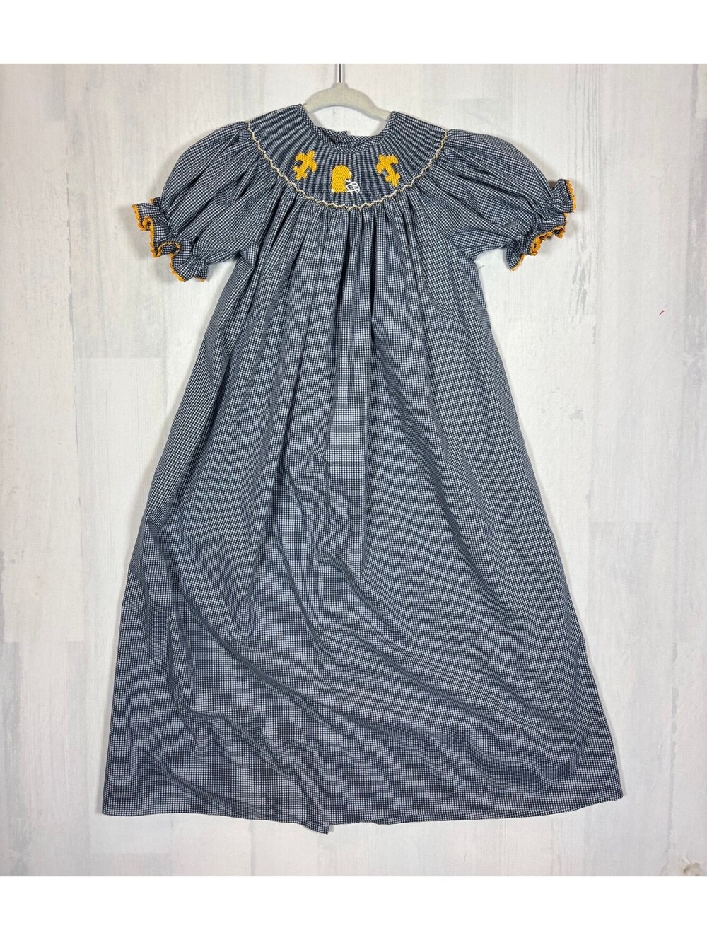 Kash Kreations Girls 7 Gingham Smocked Football Fleur De Lis Bishop Dress Saints - Picture 1 of 5